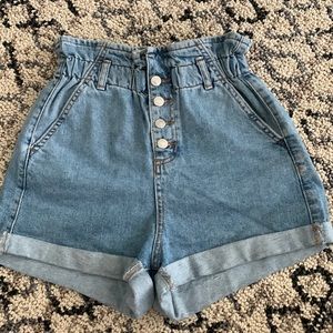 Topshop Paper bag button fly denim shorts
